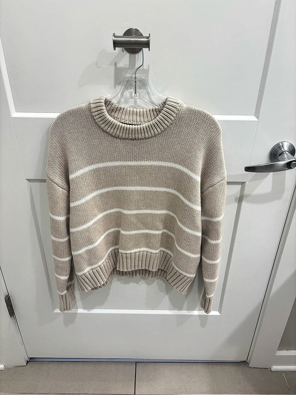 Quince 100% Organic Cotton Striped Crew Sweater in Speckled Beige & Ivory
